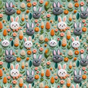 May include: A repeating pattern on a light green background featuring felt-like gray and white rabbit faces, orange and beige textured egg shapes, small pink flowers, and green leaves. The design is uniform and flat, showcasing a festive spring theme.