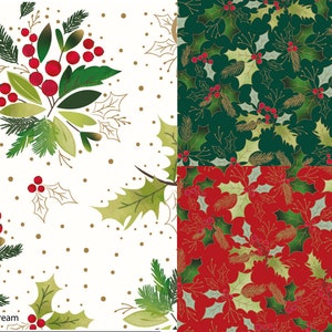 Traditional Holly–Premium Cotton Christmas Printed Fabric-100% Cotton- By Meter, Half Meter, Long Quarter or Fat Quarters