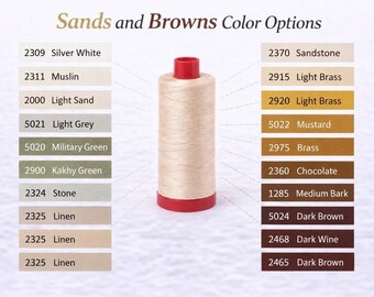 May include: A spool of light beige thread with red plastic ends, centered between two columns of color swatches labeled Sands and Browns Color Options. The list includes codes and names like Silver White, Muslin, Sandstone, and Dark Brown.