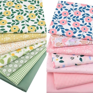 CraftsFabrics 7pcs Green Pink Floral Fat Quarters Bundle Craft Fabric Bundle for Quilting, Scrapbooking, Sewing, DIY Projects, Collage