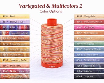 May include: A spool of variegated thread in shades of orange, yellow, and white, with a red base and top. The image includes color swatches with names like "Pink Taffy" and "Mango Mist". Text reads "Variegated & Multicolors 2".