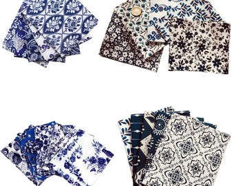 CraftsFabrics Porcelain Blue & White Floral Fat Quarters Bundle Approx 45cmx53cm 100% Cotton Pre-Cut Squares Fabric for Quilting, Patchwork
