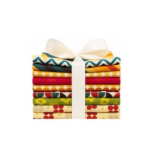 May include: A collection of patterned fabric squares, bound with a cream ribbon. The fabrics display a variety of designs in red, yellow, green, and blue hues. The stack is set against a white backdrop.