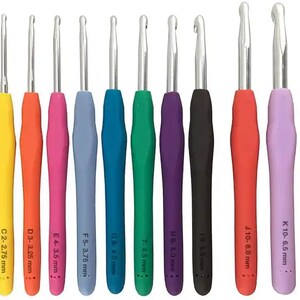 May include: A set of 12 colorful crochet hooks with different sizes ranging from 2.25 mm to 8.0 mm. Each hook has a different color and size marked on the handle.