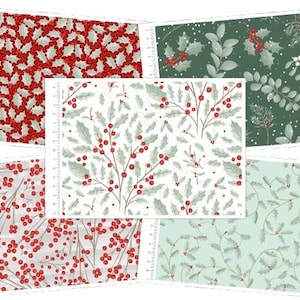 May include: Six different patterns of holly and berries on a white background. The patterns feature red berries, green leaves, and white accents. The patterns are ideal for Christmas crafts and decorations.