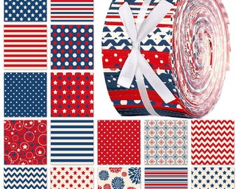 CraftsFabrics 4th of July Red White Blue 40Pcs Polycotton 2.55'' x 20'' Precut Strips Jelly Rolls for Quilting, Sewing, Crafts, Patchwork