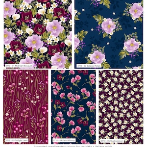 Nocturne Flora Floral Patterns 5 pezzi 45 cm x 55 cm di larghezza Fat Quarter Bundle per artigianato, arredamento per la casa e creazione di abiti