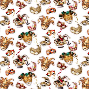 May include: A seamless pattern featuring colourful and gold Venetian masquerade masks on a white background. The masks are in various styles, including jester, half-mask, and eye mask.