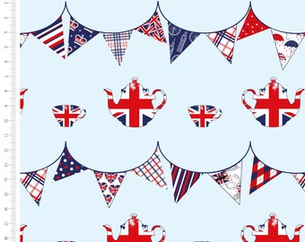 Happy and Glorious Crafts Cotton Fabric 110cm wide Coronation, Street Party, Bunting, London Bus Taxi Stamps, Crown for Commemorative Items