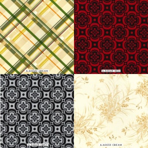 May include: Four fabric swatches with different patterns. The top left swatch is a cream plaid with green and orange stripes. The top right swatch is a red fabric with a black floral pattern. The bottom left swatch is a gray fabric with a black floral pattern. The bottom right swatch is a cream fabric with a gold floral pattern. The swatches are labeled with the fabric color and a product code.