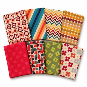 May include: Eight rectangular fabric swatches arranged in two rows. Patterns include cream with red and black squares, diagonal stripes, yellow and red zigzags, orange circles, solid red with small flowers, geometric semicircles, green flowers, and floral motifs.