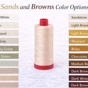 Linha de algodão Aurifil Mako, cor sólida, 12wt, 100% algodão egípcio mercerizado de fibra longa, 356 jardas (328 m) - Tons de areia e marrom.
