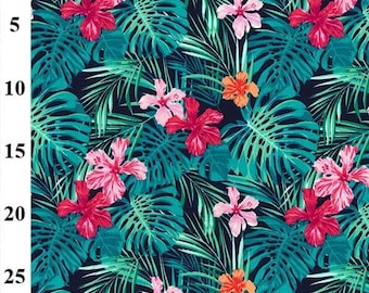 May include: A tropical fabric featuring a repeating pattern of large, teal Monstera leaves and palm fronds. Bright pink and orange hibiscus flowers are scattered throughout the design, set against a dark background.