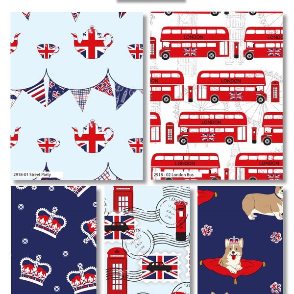 The Craft Cotton Co Happy & Glorious Fabric 110cm wide (Coronation, Street Party, Jubilee Bunting, London Bus Taxi Stamps, Corgi)