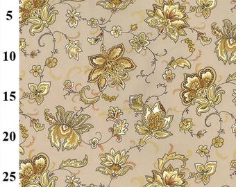 May include: Beige fabric with a floral pattern in shades of brown and gold. The flowers are intricate and detailed, with a paisley-like design. The fabric is perfect for crafting, quilting, or home decor projects.