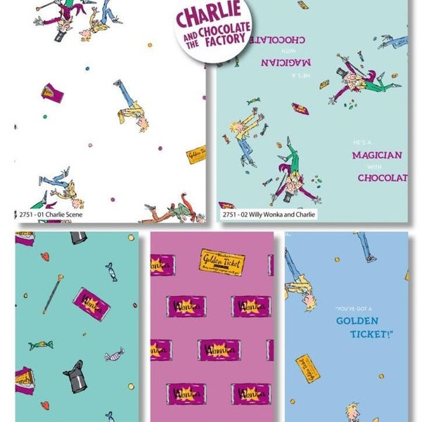 Charlie and The Chocolate Factory Cotton Print Fabric – Roald Dahl , 44'' wide (100% Cotton, Ideal for Crafts, Quilting, Children's Clothes)