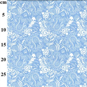 May include: A pale blue fabric with a white paisley design. The pattern includes detailed floral and swirling motifs, offering an intricate and refined appearance. Ideal for diverse craft and sewing applications.