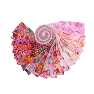 May include: A collection of fabric strips rolled into a spiral, fanned out to display various floral patterns. The fabrics feature roses in shades of pink, red, orange, and purple. The background is white.