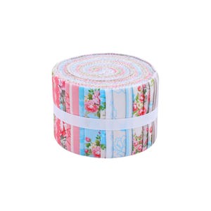 May include: A rolled bundle of fabric strips, with floral and striped patterns in pink, blue, and cream. The fabric is secured with a white ribbon. Suitable for quilting and craft projects. Each strip is approximately 6.35 cm wide.