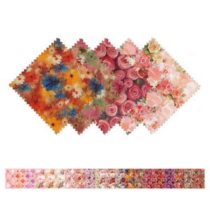 May include: A selection of floral fabric samples displaying diverse flower arrangements. The swatches feature a spectrum of colours, including orange, blue, pink, and red. Designs include roses, daisies, and other floral patterns, suitable for crafting or home decor.