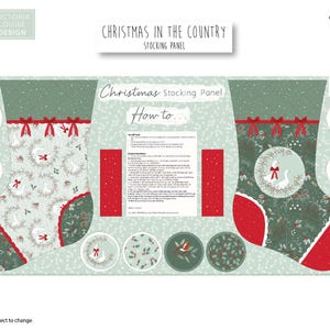 以下が含まれることがあります： お祝いのデザインのクリスマスストッキングパネル。パネルには、リースとガチョウのデザイン、赤いアクセント、ハート型の装飾が施された2つのストッキングが特徴です。「Christmas in the Country」というテキストが表示されます。