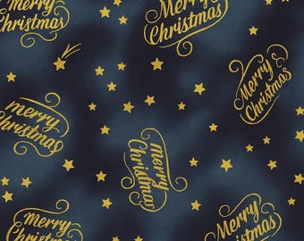 Könnte beinhalten: Dunkelblauer Stoff mit einem sich wiederholenden Muster aus goldenen Sternen und den Worten "Merry Christmas" in dekorativer Schrift. Das Design hat ein festliches, weihnachtliches Thema, geeignet für saisonales Kunsthandwerk oder Dekoration.