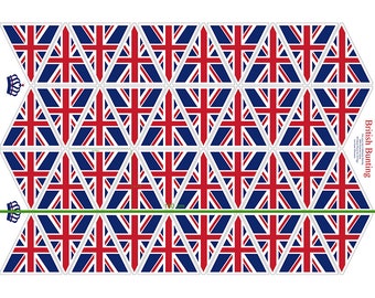 May include: A sheet of British bunting with triangular flags featuring the Union Jack design in red, white, and blue. The text "British Bunting" is printed on the right side. A green line indicates a length of 100 cm.
