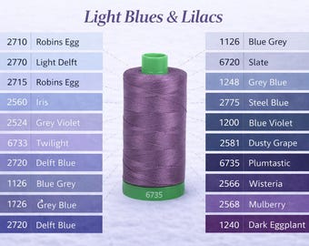 Nici bawełniane Aurifil Mako, solidne, 40wt (1094yds) – jasnoniebieskie i liliowe