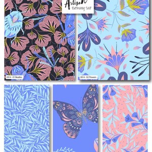 May include: Five different fabric designs featuring floral and butterfly patterns in shades of pink, blue, and black. The designs are labeled "2814-01 Beatles", "2814-02 Flowers", "2814-03 Textures", "2814-04 Butterfly", and "2814-05 Stems". The title "Artisan Bethany Salt" is displayed at the top of the image.