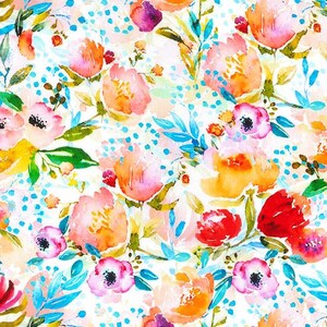 May include: A fabric pattern featuring a watercolour floral design with vibrant orange, pink, red, and turquoise flowers and green leaves. The background is white and decorated with small, scattered turquoise dots throughout the composition.