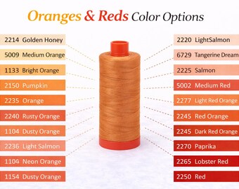 May include: A spool of orange thread with a red base and top, displayed with a color chart of orange and red thread options. The chart includes color names and numbers like "Golden Honey" and "Red".