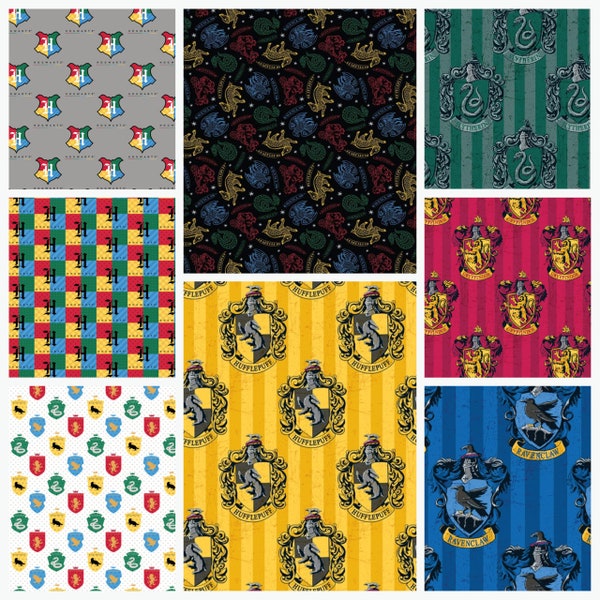 Harry Potter Mystical Houses Fabric by Metre/Half Metre/Fat Quarter Gryffindor Raven claw Hufflepuff Slytherin Hogwarts Kid's Cotton Fabric