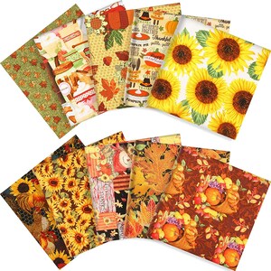 CraftsFabrics 10pcs 50cm x 50cm Autumn Fall Pumpkin Sunflower Scarecrow Maple Fat Quarters Bundle Fabric Material for Thanksgiving, Quilting