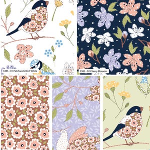 May include: A collection of five fabric designs featuring patchwork birds, flowers, and leaves. The designs are in a variety of colours, including white, blue, brown, pink, green, and yellow. The fabric is perfect for quilting, sewing, and crafting.