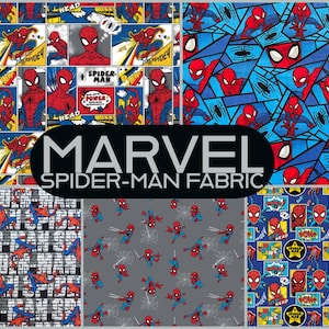 以下が含まれることがあります： スパイダーマンが様々なポーズとデザインで描かれた、5種類の異なるファブリックプリントのセット。プリントには、コミックのパネル、ウェブパターン、スパイダーマンの象徴的な赤と青の衣装が含まれています。
