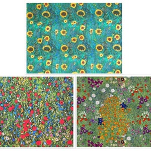 Gustav Klimt&#39;s Flower Garden, Field of Poppies, Sunflowers Fabric 140cm Wide Printed 100% Cotton Craft Fabric for Quilting, Clothing