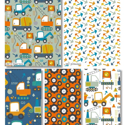 Tissu en coton The Craft Cotton co - Diggers 110 cm, mètre / paquet de gros morceaux, vitesses, instructions, camions, tracteurs pour le patchwork et la couture