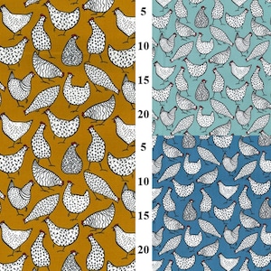 May include: A seamless pattern featuring white chickens with black markings on a mustard yellow background. The pattern repeats throughout the image. The chickens are facing different directions and have red combs.