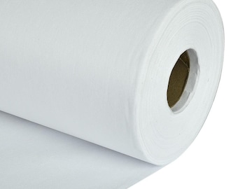 May include: A roll of white fabric, likely felt or a similar material, is displayed. The fabric is tightly rolled, revealing the inner cardboard core. The unrolled portion of the fabric extends to the left, showing its texture.