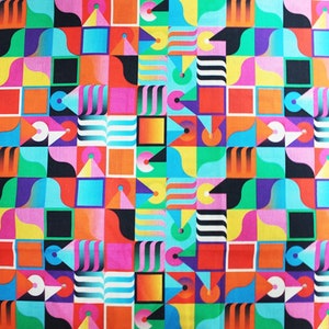 May include: A colorful geometric pattern with squares, circles, and triangles in shades of red, orange, yellow, green, blue, purple, pink, and black.