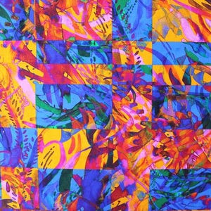 Peut inclure: Motif textile abstrait avec un assemblage de carrés colorés. Le motif présente un mélange vibrant de couleurs, notamment le bleu, le jaune, le rose et l'orange, avec des formes organiques et des détails en forme de coups de pinceau. L'effet global est une composition audacieuse et artistique.
