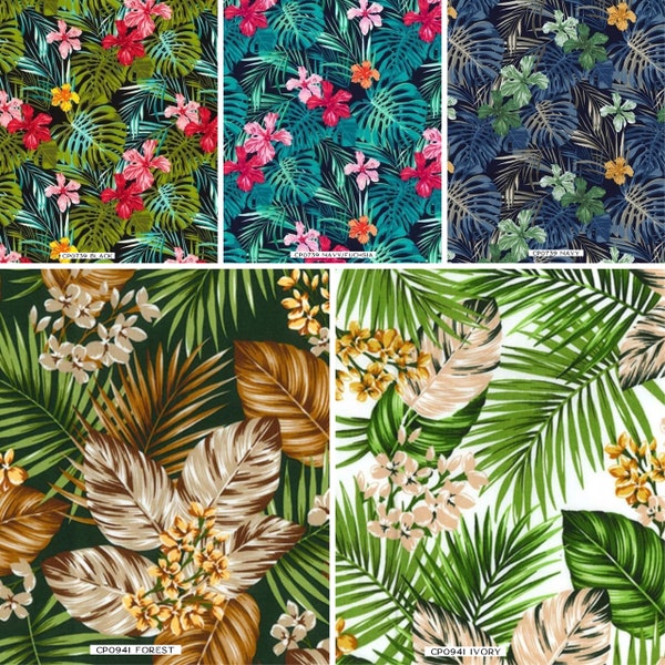 Tissu en popeline de coton Aloha Hawaiian Tropical Leaves, roses et Hubble, 112 cm de large, 100 % coton matelassé, décoration d'intérieur, couture, robes (CP0739)