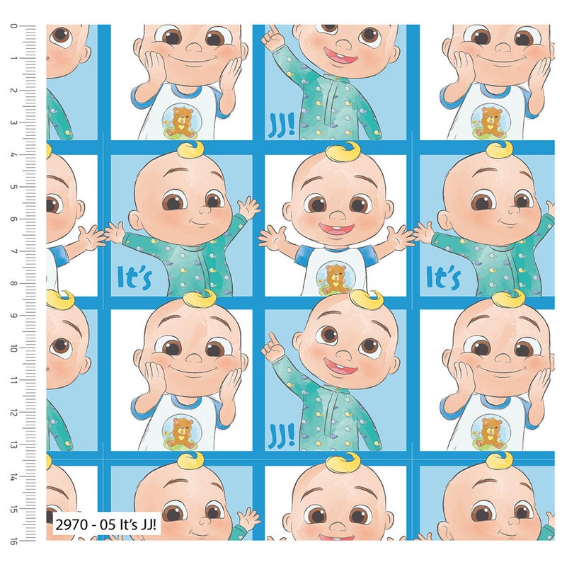 K&ouml;nnte beinhalten: Ein wei&szlig;er Hintergrund mit einem blau-wei&szlig;en Karomuster. Jedes Quadrat zeigt eine Cartoon-Illustration eines kleinen Jungen mit blonden Haaren, der ein blau-gr&uuml;nes Hemd tr&auml;gt. Der Text "It's JJ!" befindet sich am unteren Rand des Bildes.