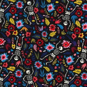 May include: A black background with a repeating pattern of skeletons dancing among colorful flowers and leaves. The skeletons are white and the flowers are red, pink, blue, yellow, and green.