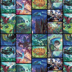 May include: A collage of colourful illustrations from the Harry Potter book series. The images depict scenes from the books, including Hogwarts castle, flying cars, and characters like Harry Potter and Voldemort.