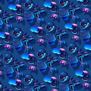 May include: A repeating pattern of blue and purple gaming accessories on a blue background. The accessories include virtual reality headsets, gaming controllers, headphones, keyboards, and laser guns.