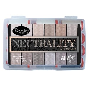 May include: A clear plastic storage case containing 12 spools of Aurifil 50wt thread in neutral colors. The spools are labeled "Neutrality by Patrick Lose" and "100% Cotton, 12 Large Spools, 50wt (1422 yds/spool)".
