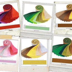 May include: A collection of 10 fabric rolls, each containing 20 pieces of fabric. The rolls are arranged in a row, with each roll featuring a different colour scheme. The fabric rolls are all 2.5 inches wide and 44 inches long. The colours include red, green, brown, pink, and yellow.