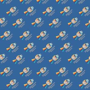 May include: A repeating pattern on a blue background features the Millennium Falcon spaceship with a rainbow-coloured trail. The text "Millennium Falcon" is printed above each spaceship in a stylized font. This design is suitable for fabric or wallpaper.