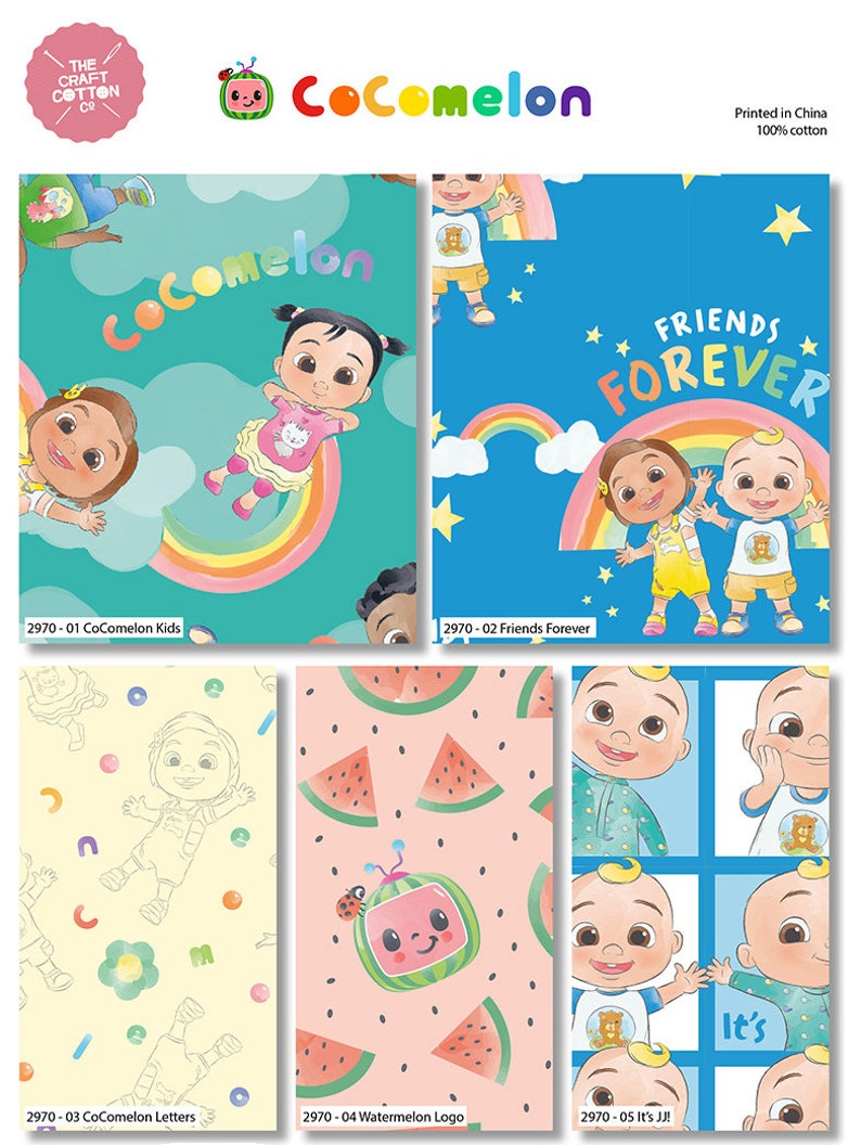 K&ouml;nnte beinhalten: F&uuml;nf verschiedene Stoffdesigns mit den CoComelon-Charakteren. Die Designs beinhalten einen blauen Hintergrund mit Regenb&ouml;gen und Sternen, einen gelben Hintergrund mit Buchstaben und einer Comicfigur, einen rosa Hintergrund mit Wassermelonenst&uuml;cken, einen blauen Hintergrund mit einer Comicfigur und einen blauen Hintergrund mit einer Comicfigur und dem Text "It's JJ!"